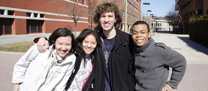 Team HueBotics, a video-game development team at UMBC, is among the final four student teams competing to represent the U.S. in the Games division of the 2015 Microsoft Imagine World Cup competition. The teammates are (l. to r.) Jasmin Martin, Erika Shumacher, Tad Cordle, and Michael Leung. Source: Nicolas Deroin