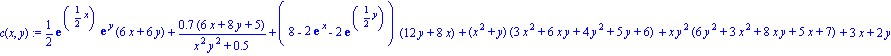 c(x, y) := 1/2*exp(1/2*x)*exp(y)*(6*x+6*y)+.7*(6*x+8*y+5)/(x^2*y^2+.5)+(8-2*exp(x)-2*exp(1/2*y))*(12*y+8*x)+(x^2+y)*(3*x^2+6*x*y+4*y^2+5*y+6)+x*y^2*(6*y^2+3*x^2+8*x*y+5*x+7)+3*x+2*y
