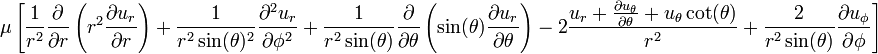 \mu \left[
\frac{1}{r^2} \frac{\partial}{\partial r}\left(r^2 \frac{\partial u_r}{\partial r}\right) + 
\frac{1}{r^2 \sin(\theta)^2} \frac{\partial^2 u_r}{\partial \phi^2} + 
\frac{1}{r^2 \sin(\theta)} \frac{\partial}{\partial \theta}\left(\sin(\theta) \frac{\partial u_r}{\partial \theta}\right) - 
2 \frac{u_r + \frac{\partial u_{\theta}}{\partial \theta} + u_{\theta} \cot(\theta)}{r^2} + 
\frac{2}{r^2 \sin(\theta)} \frac{\partial u_{\phi}}{\partial \phi}
\right]