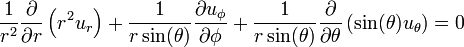\frac{1}{r^2}\frac{\partial}{\partial r}\left(r^2 u_r\right) + 
\frac{1}{r \sin(\theta)}\frac{\partial u_\phi}{\partial \phi} + 
\frac{1}{r \sin(\theta)}\frac{\partial}{\partial \theta}\left(\sin(\theta) u_\theta\right) = 0