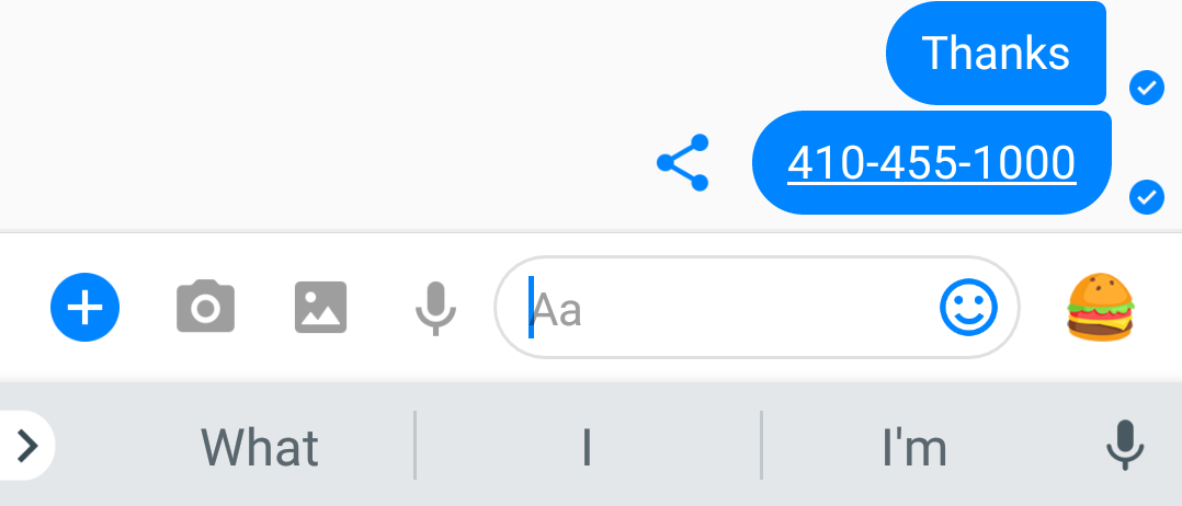 Facebook messenger, with phone number automatically underlined
