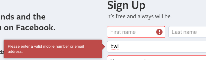 Facebook signup screen with message prompting to enter a valid email address